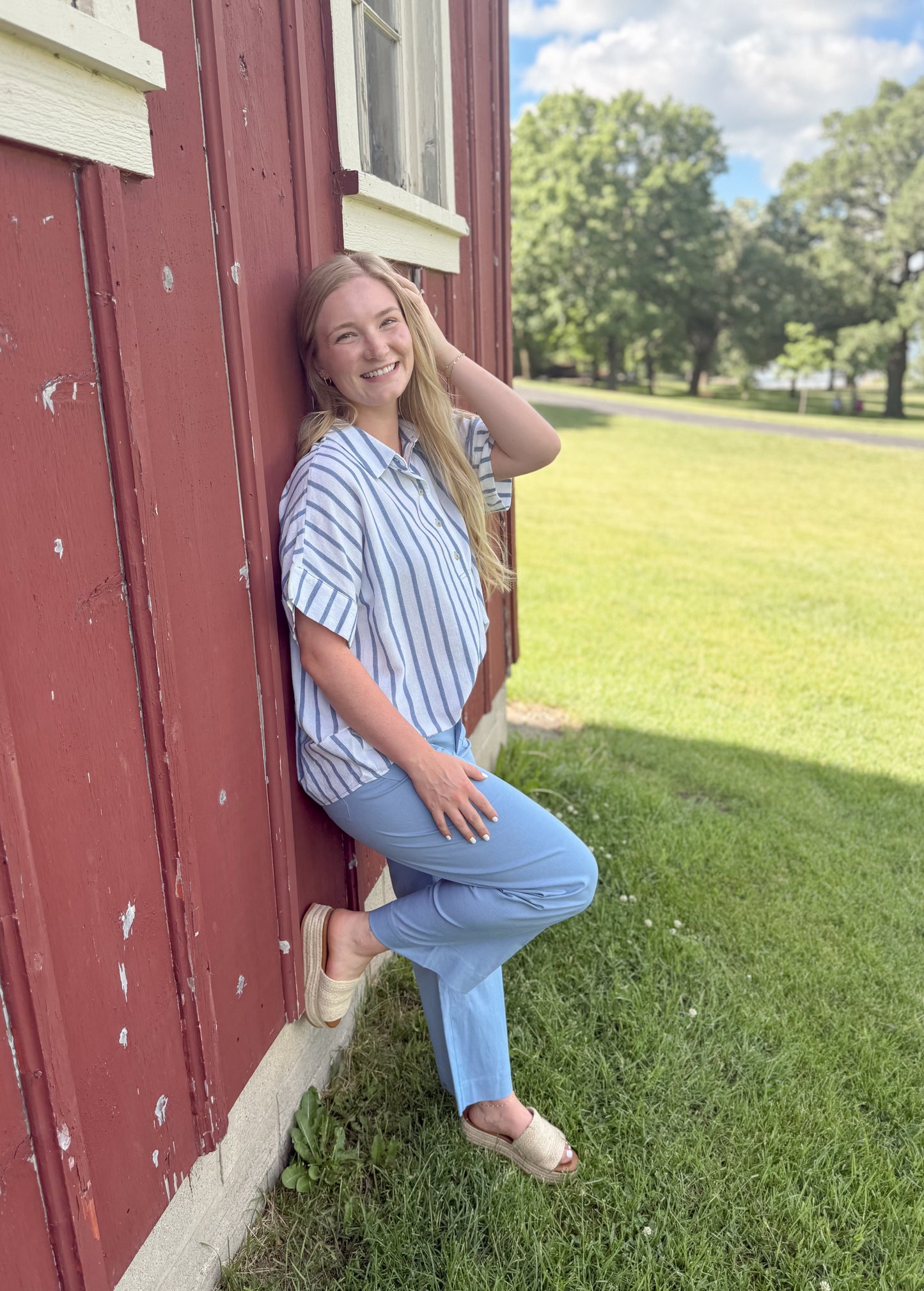 Short Sleeve Striped Linen Top - Blue/Off White