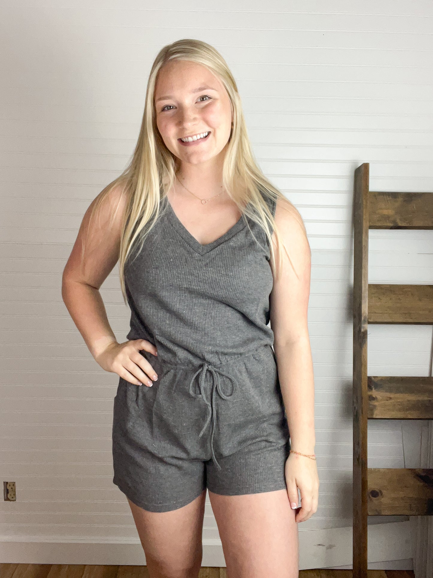 Thermal V-Neck Romper - Charcoal