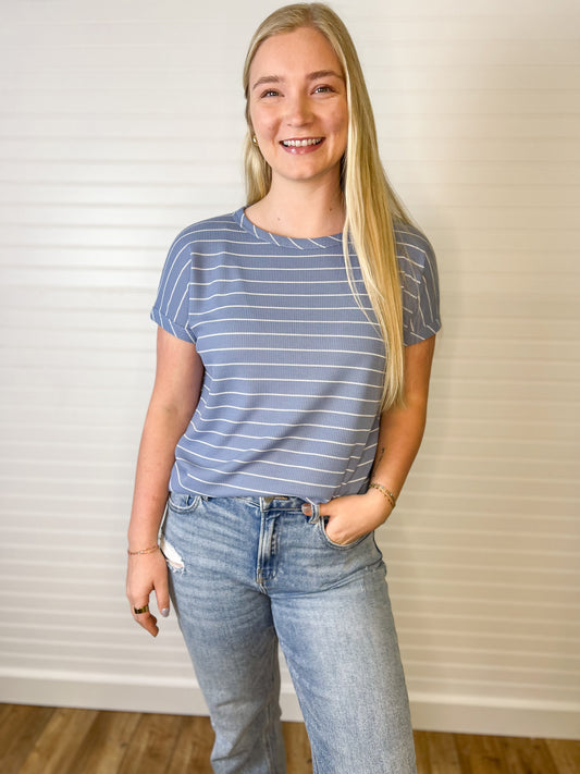Boat Neck Striped Thermal Tee - Blue
