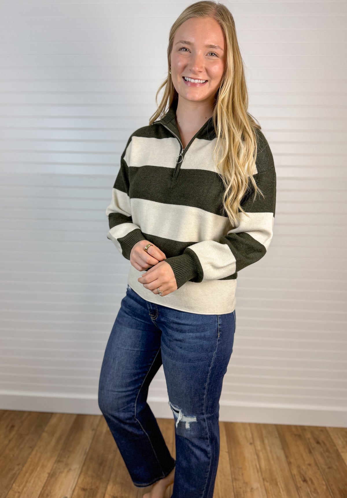 Rugby Striped Half Zip Sweater - Hunter Green