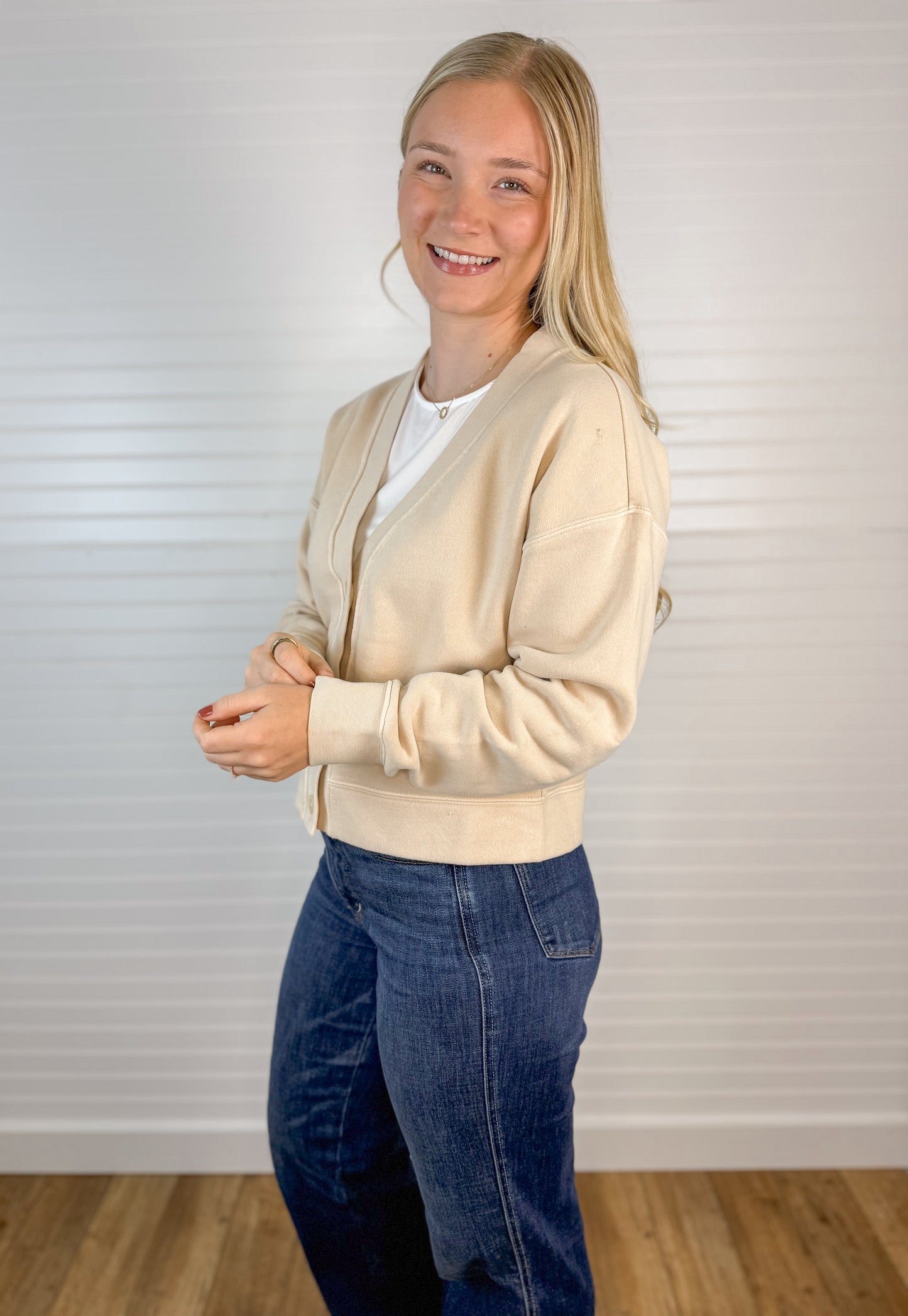 Brushed Fleece Button Front Cardigan - Oatmeal