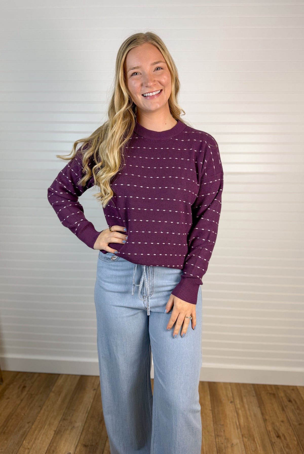 Dotted Striped Relaxed Sweater Top - Plum