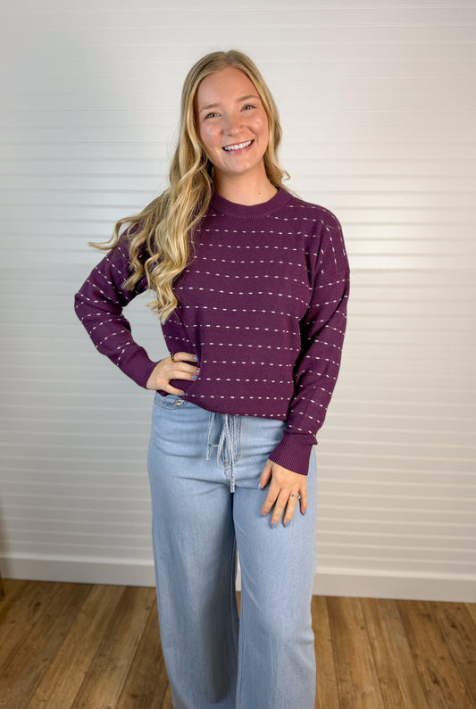 Dotted Striped Relaxed Sweater Top - Plum