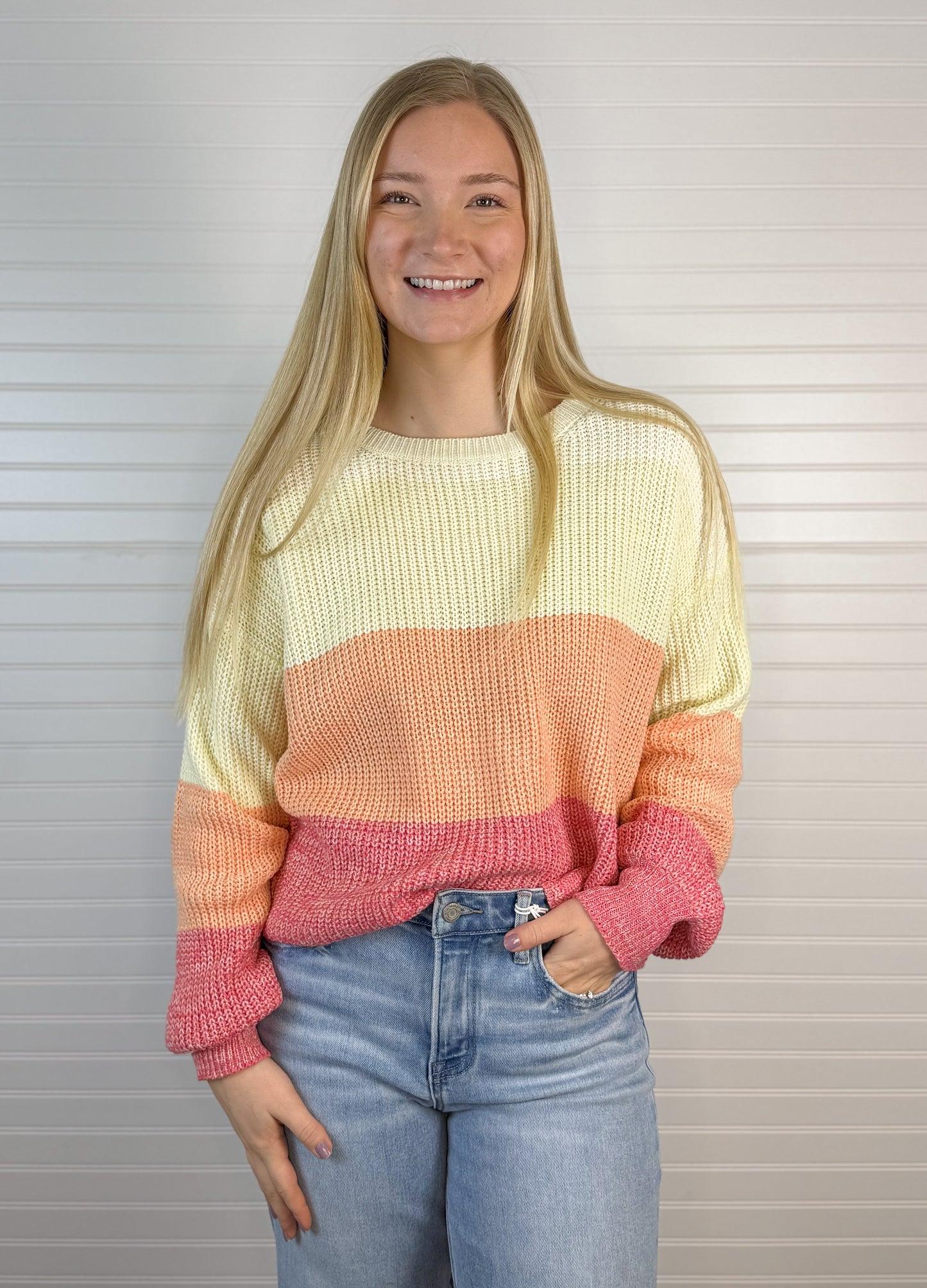 Color Block Bubble Sleeve Sweater - Orange/Pink