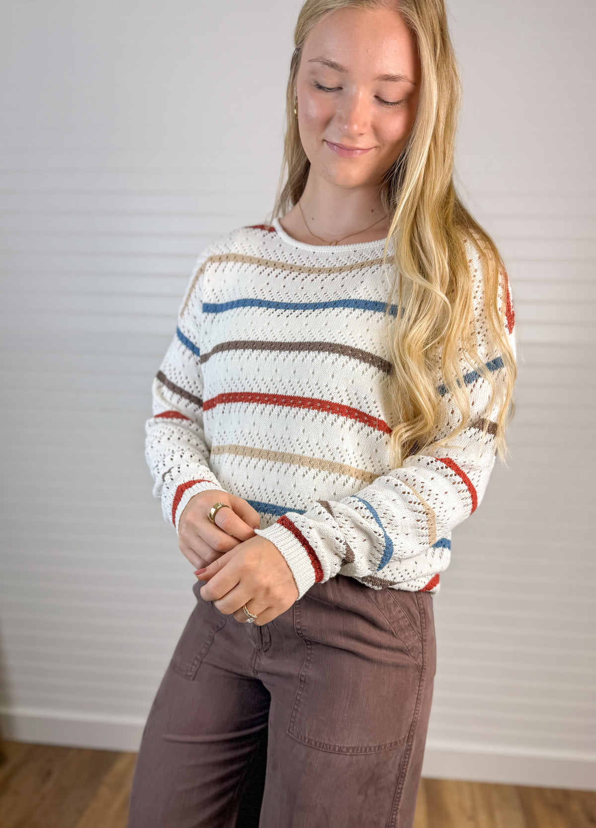 Multi Color Crochet Long Sleeve - Taupe/Blue