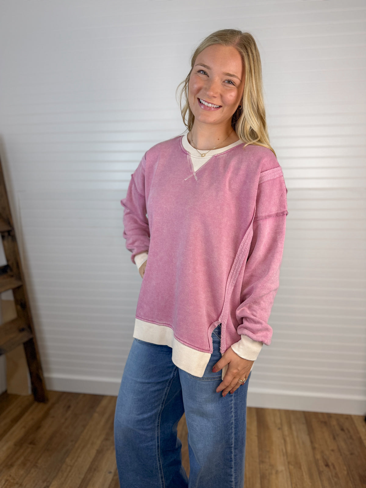 Fleece Acid Washed Contrast Pullover - Rose