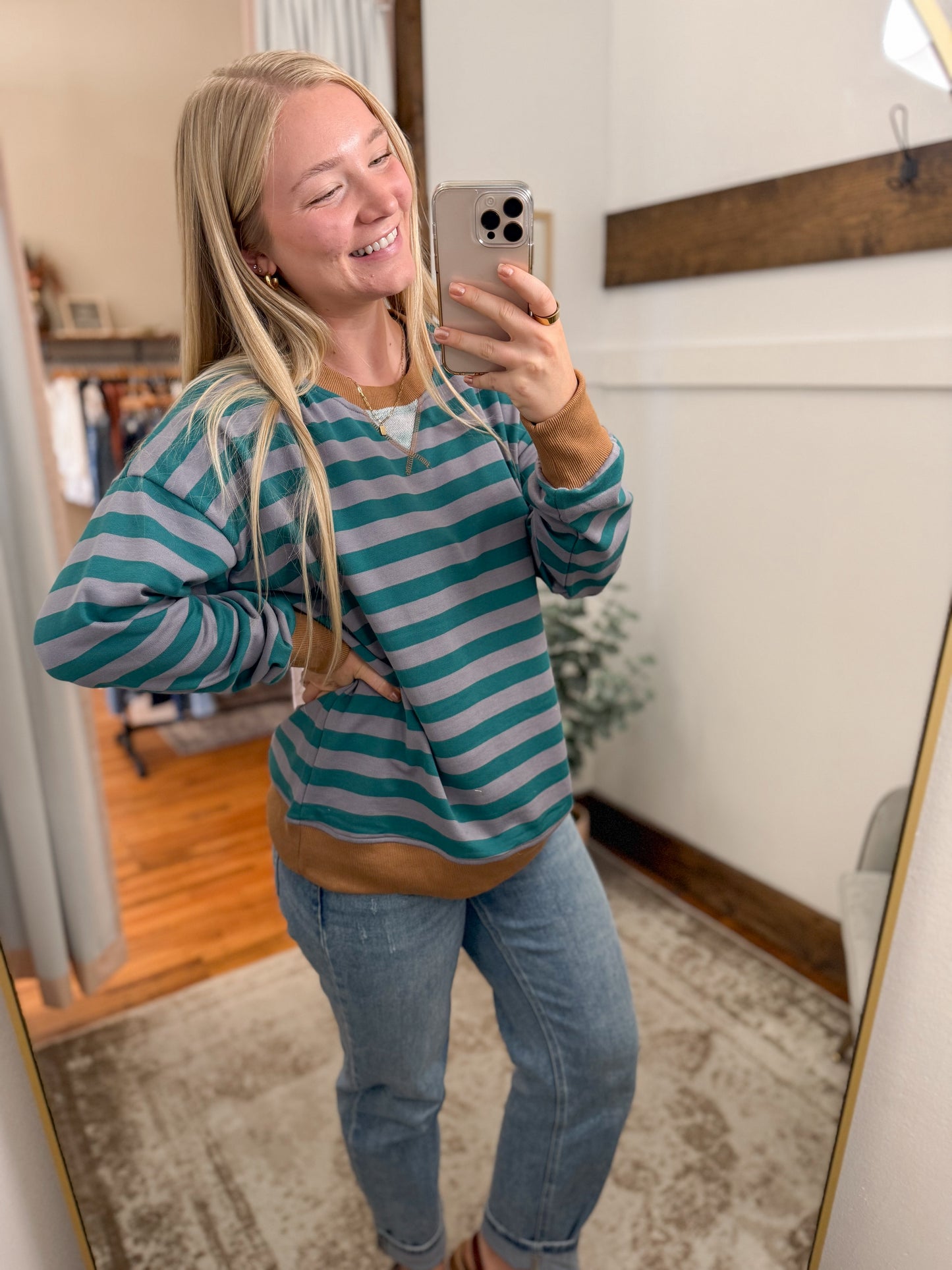 Color Contrast Stripe Pullover -  Teal/Caramel
