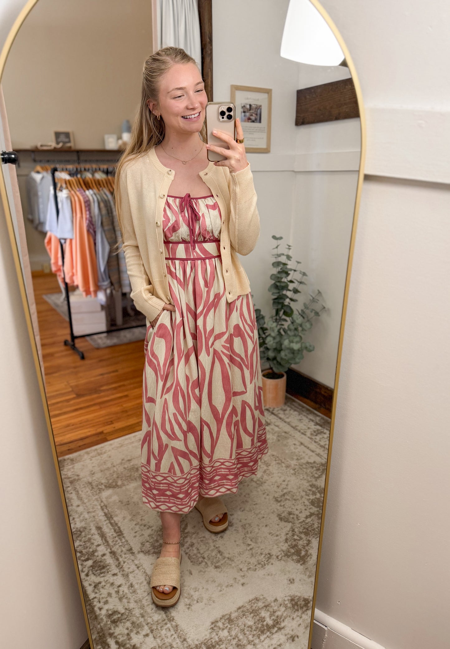 Resort Border Printed Midi Dress - Pink