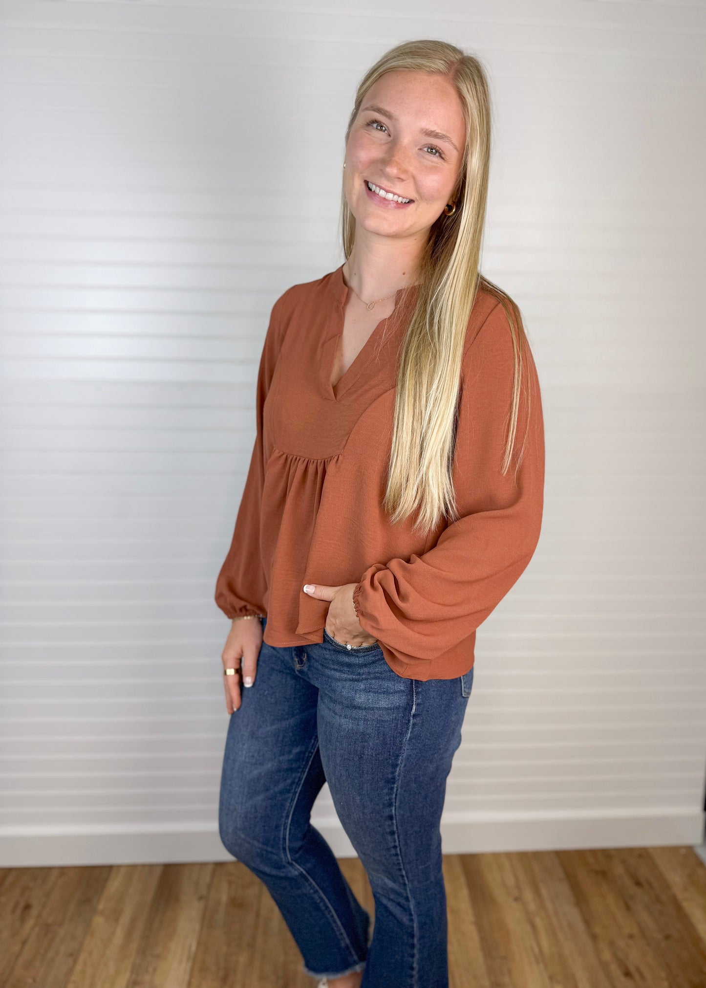 Long Sleeve V-Neck Blouse - Camel