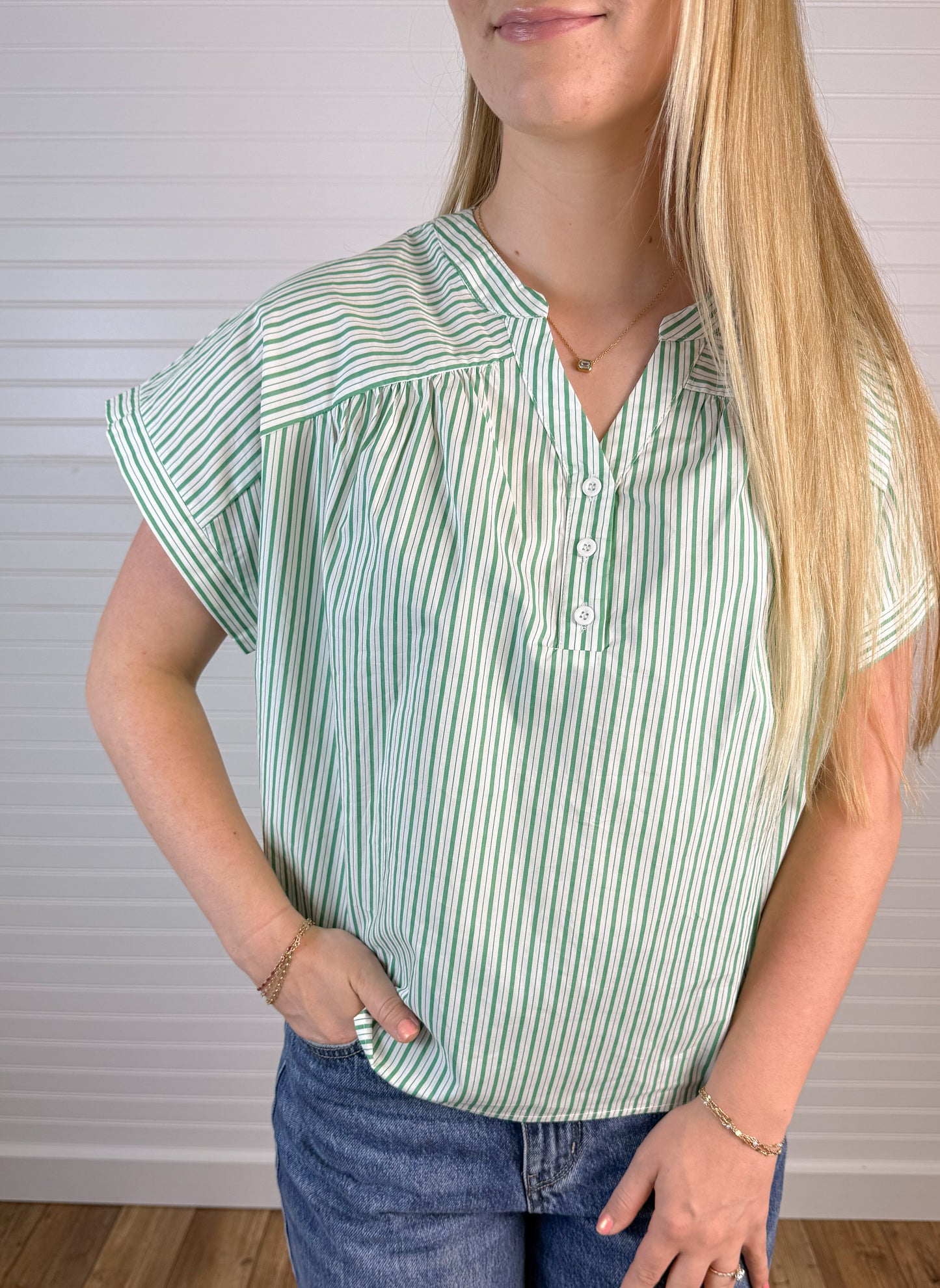 Striped Drop Shoulder Cotton Blouse - Green