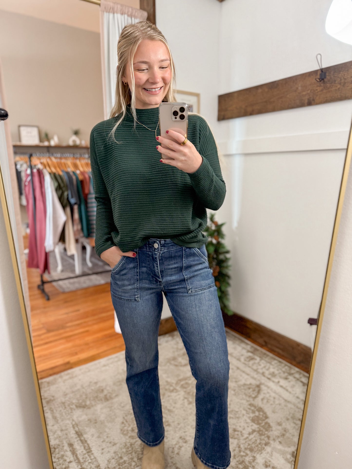 High Rise Ankle Flare Patch Pocket Denim