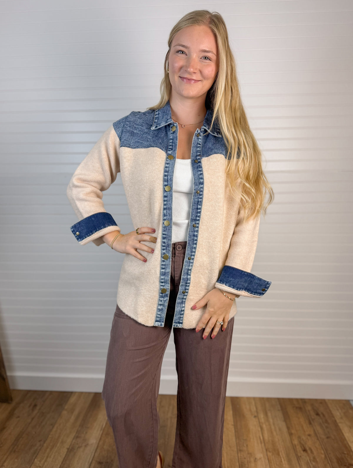 Denim Mixed Material Sweater Jacket