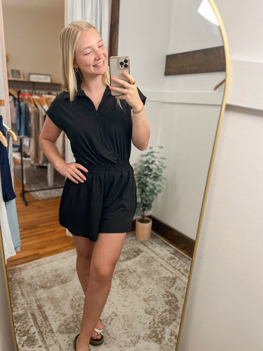 Short Sleeve Quarter Zip Romper - Black
