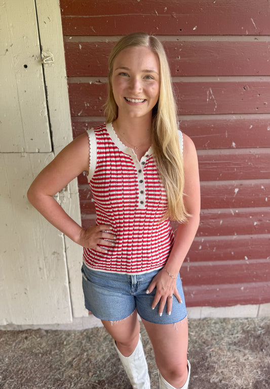 Striped Pointel Cotton Tank - Red/Off White