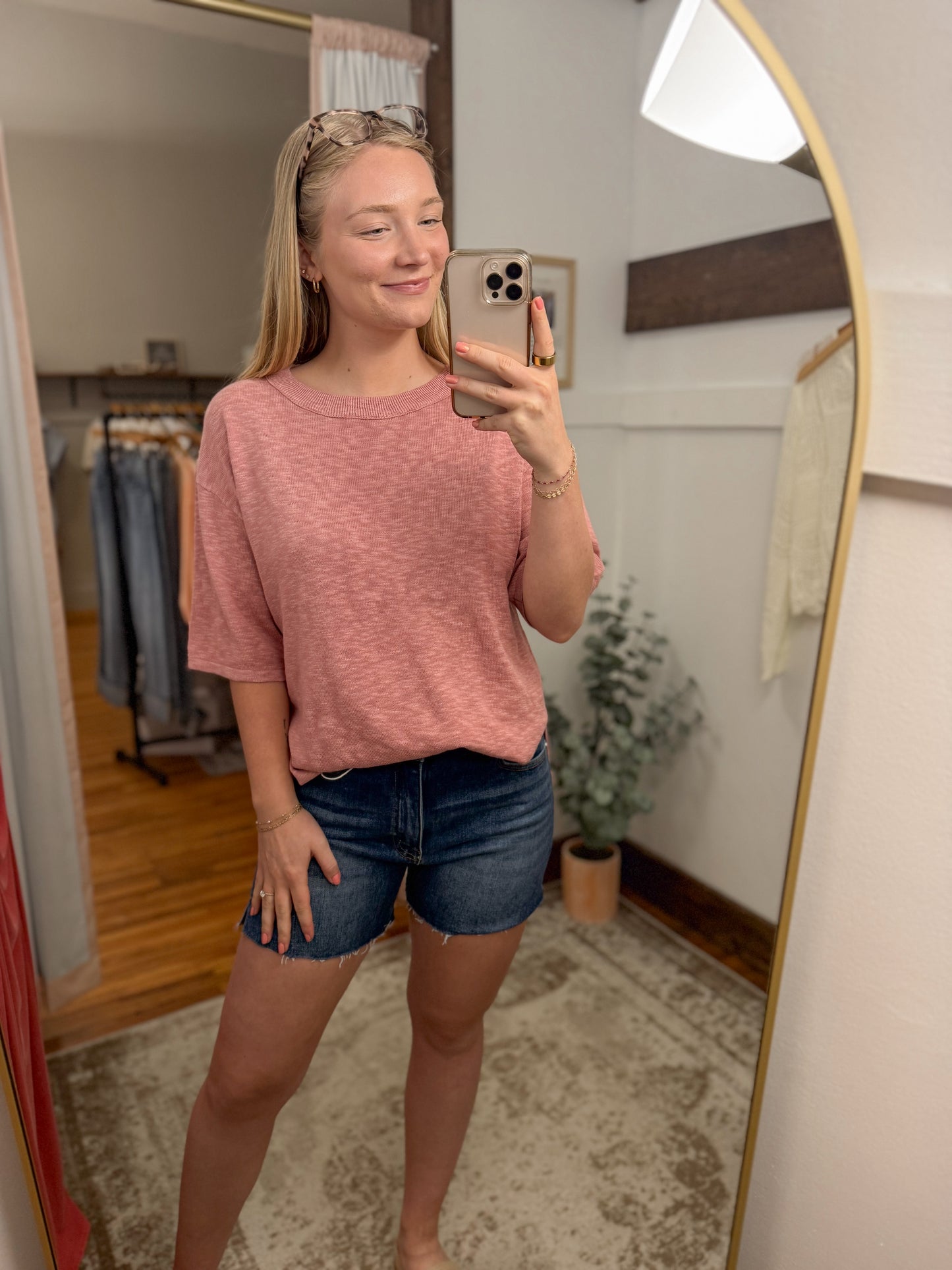 Cotton Slub Short Sleeve Top - Rose