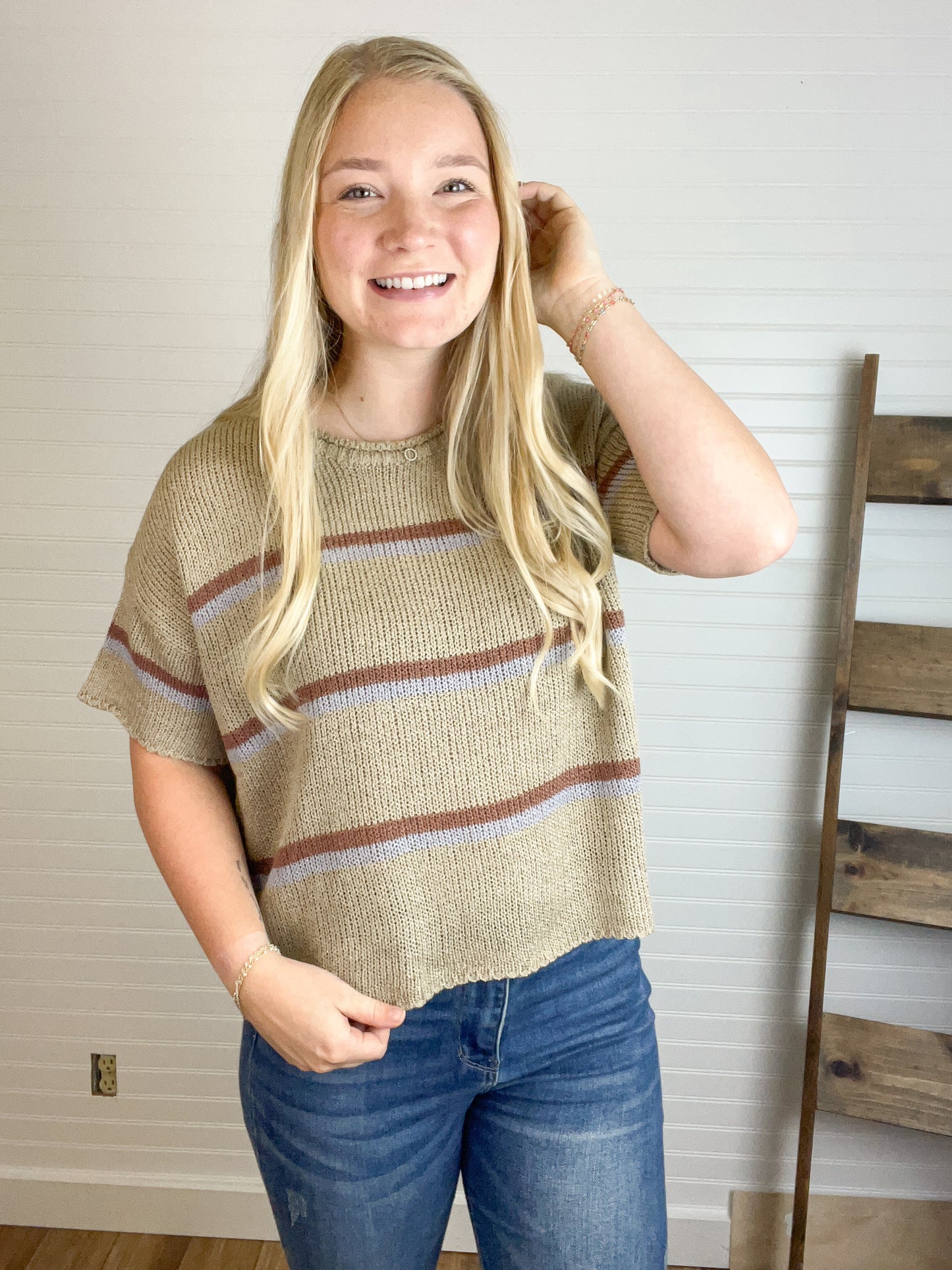 Striped Short Sleeve Sweater - Mocha