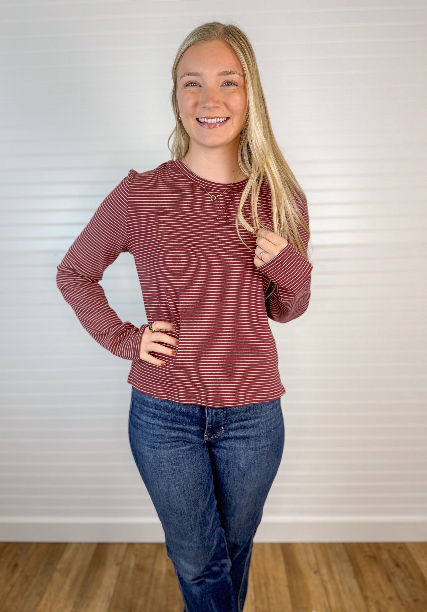 Striped Knit Long Sleeve - Wine/Ecru