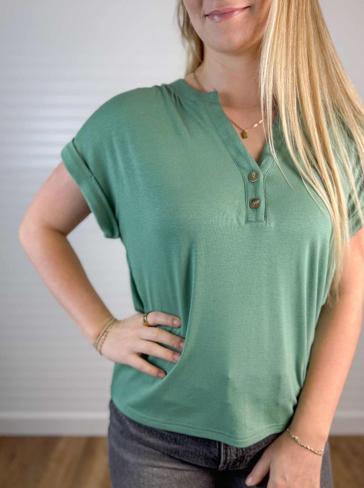 Henley Button Short Sleeve Top - Green