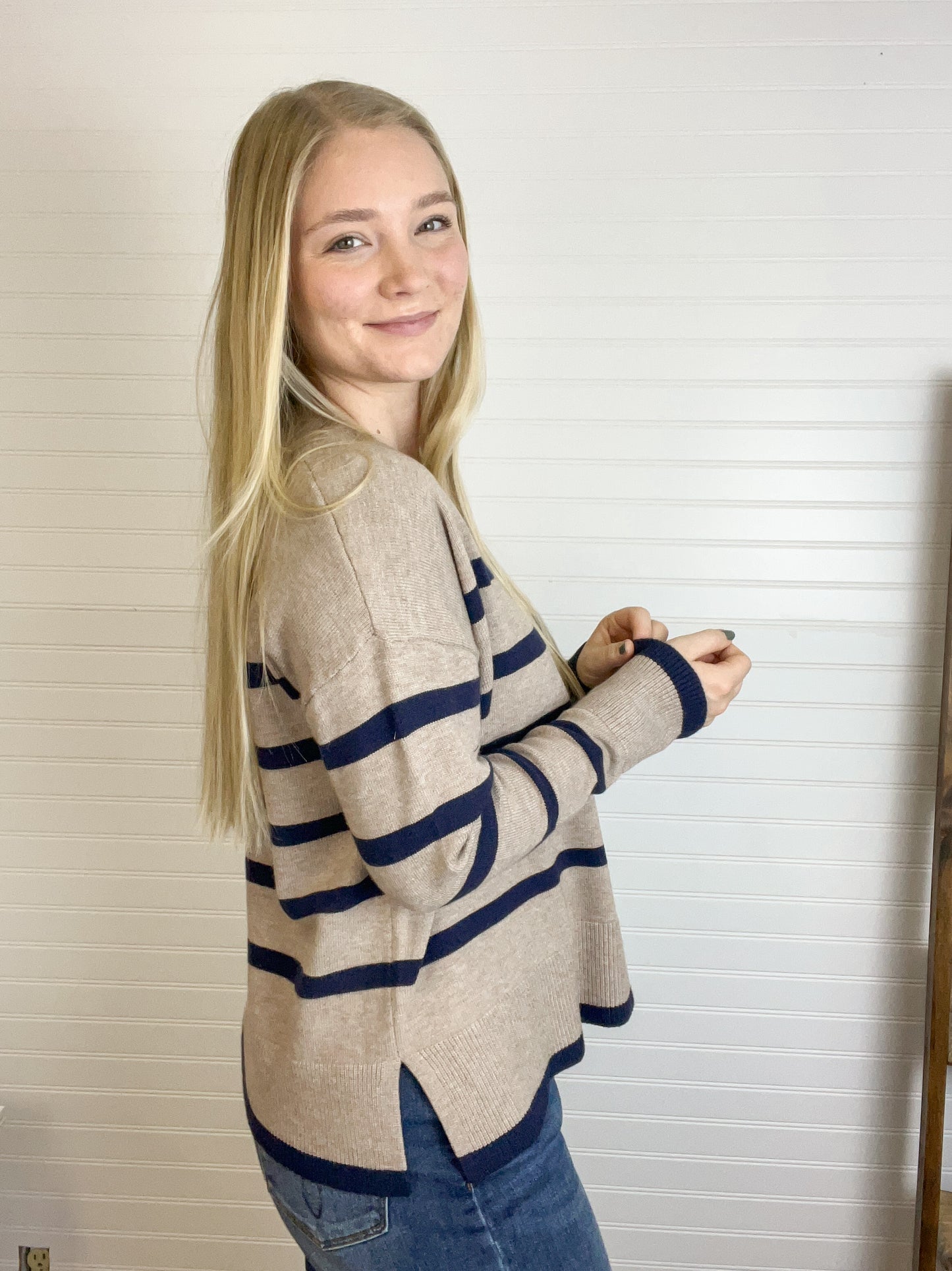 Striped Crewneck Sweater - Mocha/Navy