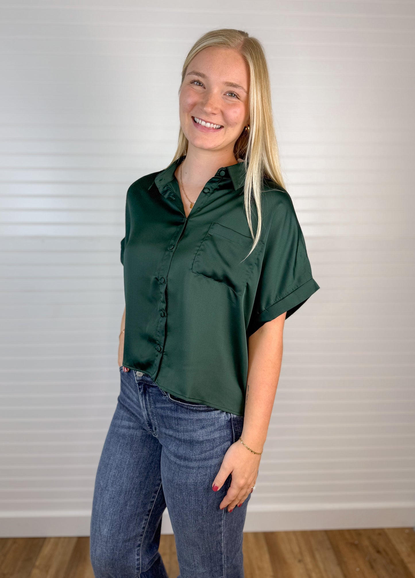 Satin Button Down Blouse - Hunter Green