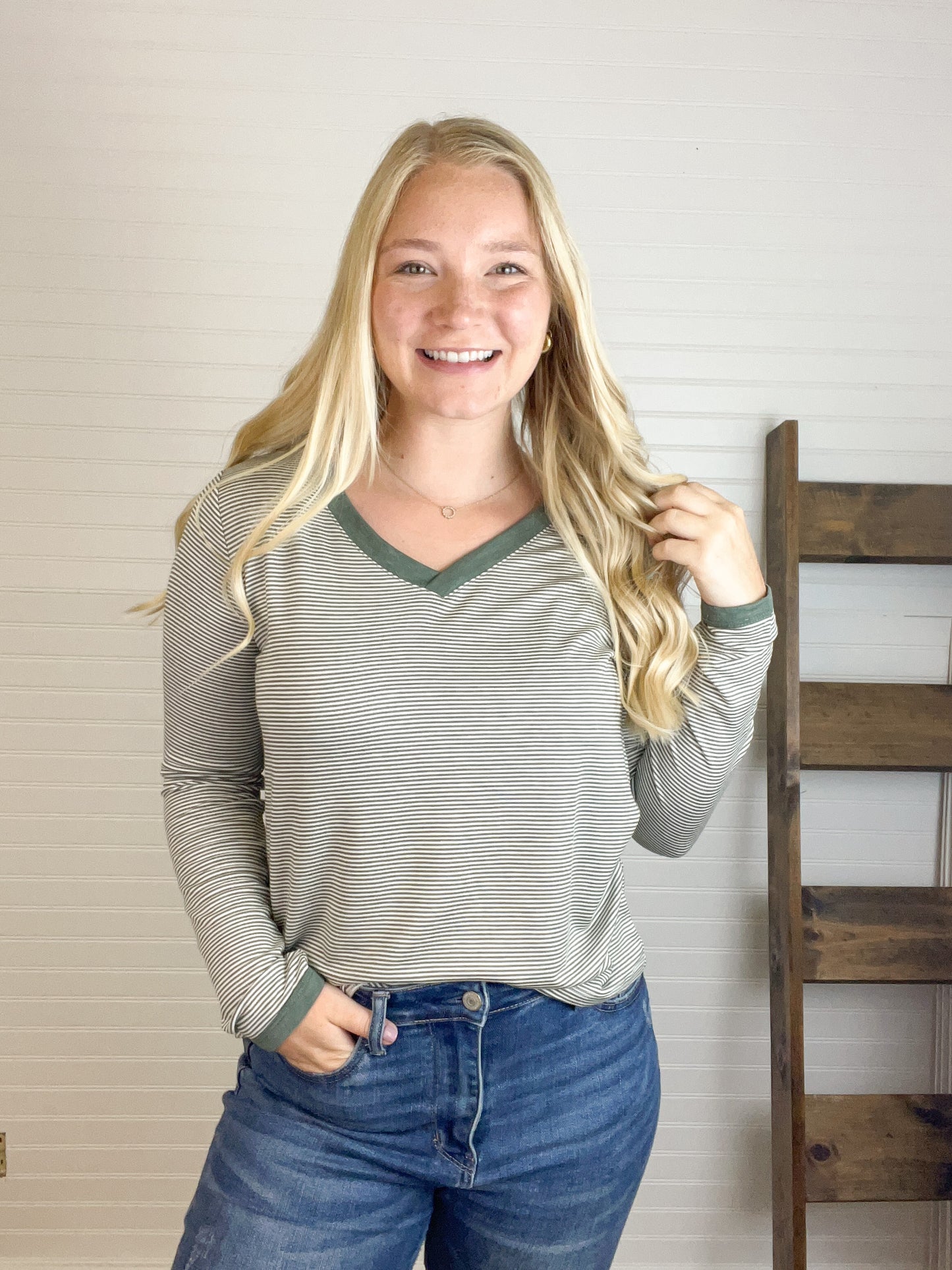 Pinstripe V-Neck Top - Olive