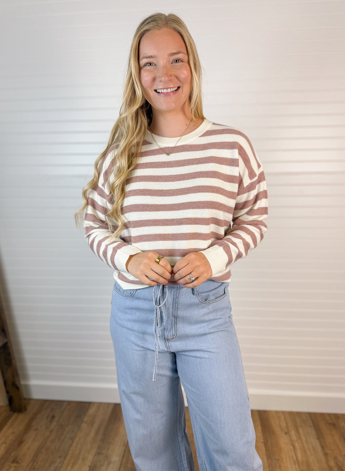 Soft Waffle Striped Sweater - Mauve