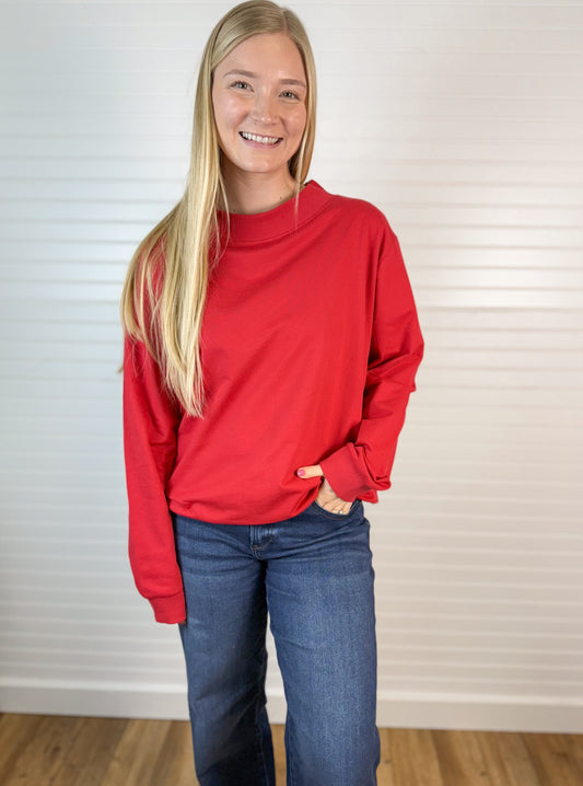 Mock Neck Terry Sweatshirt - Crimson