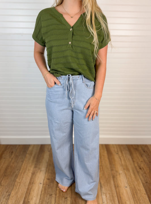 High Waist Drawstring Wide Leg Pant - Denim