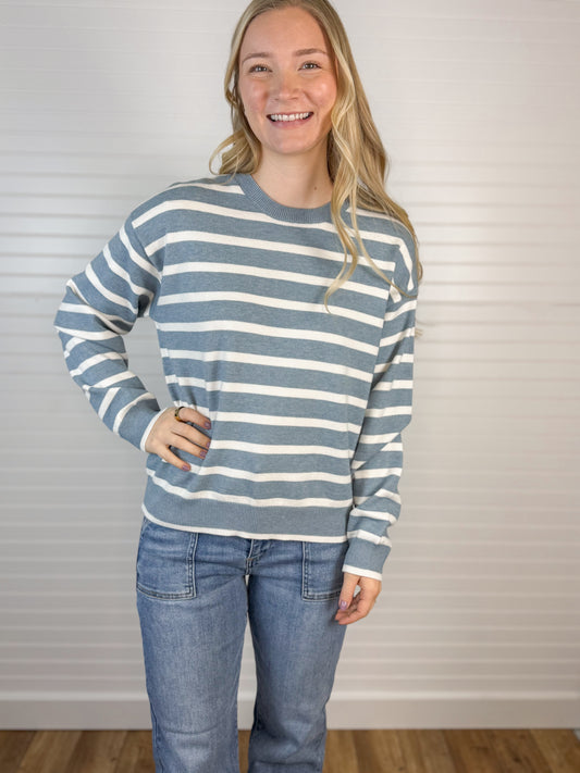 Drop Shoulder Striped Sweater - Dusty Blue