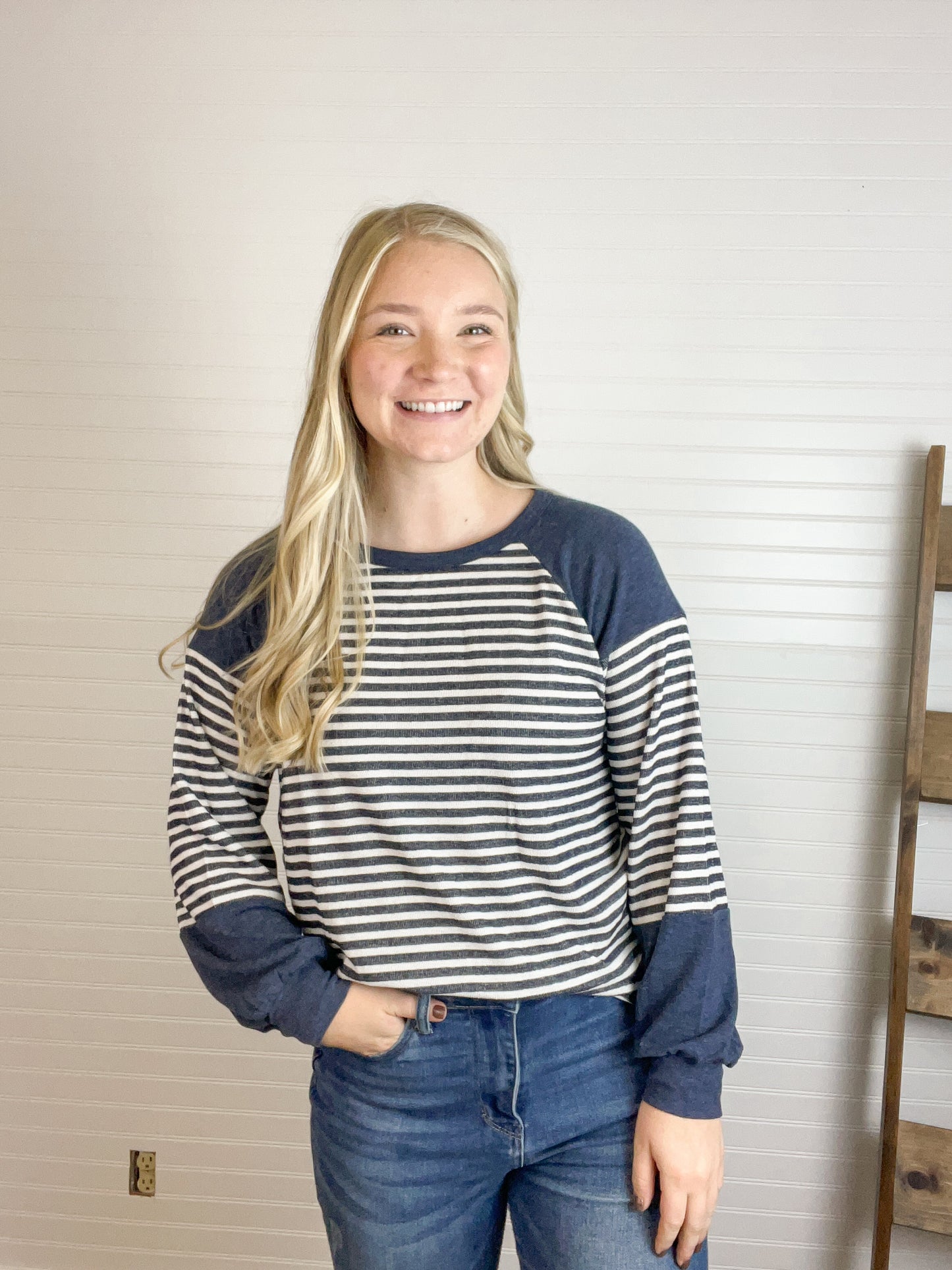 Colorblock Striped Terry Top - Navy