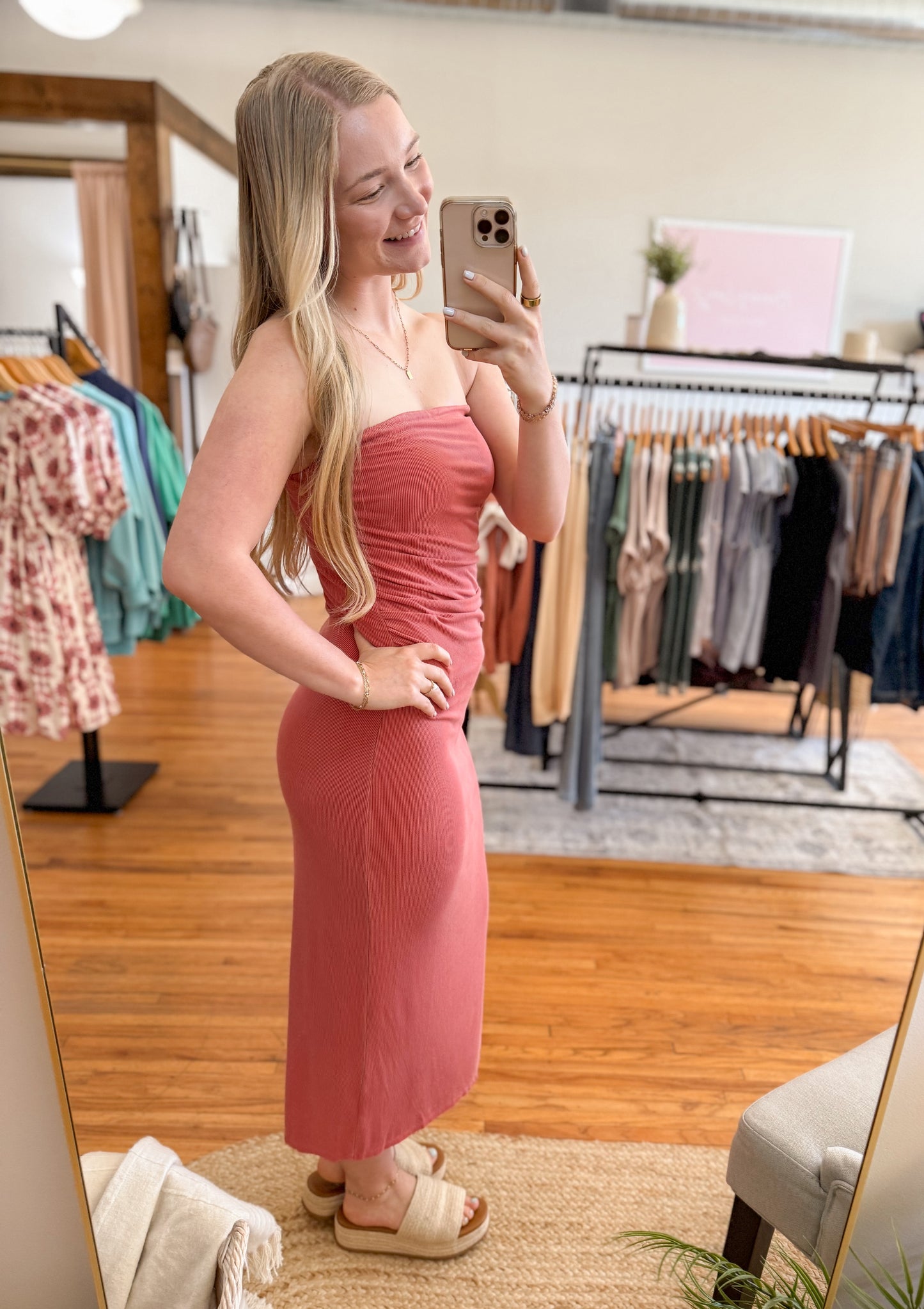 Ribbed Midi Strapless Dress - Pink
