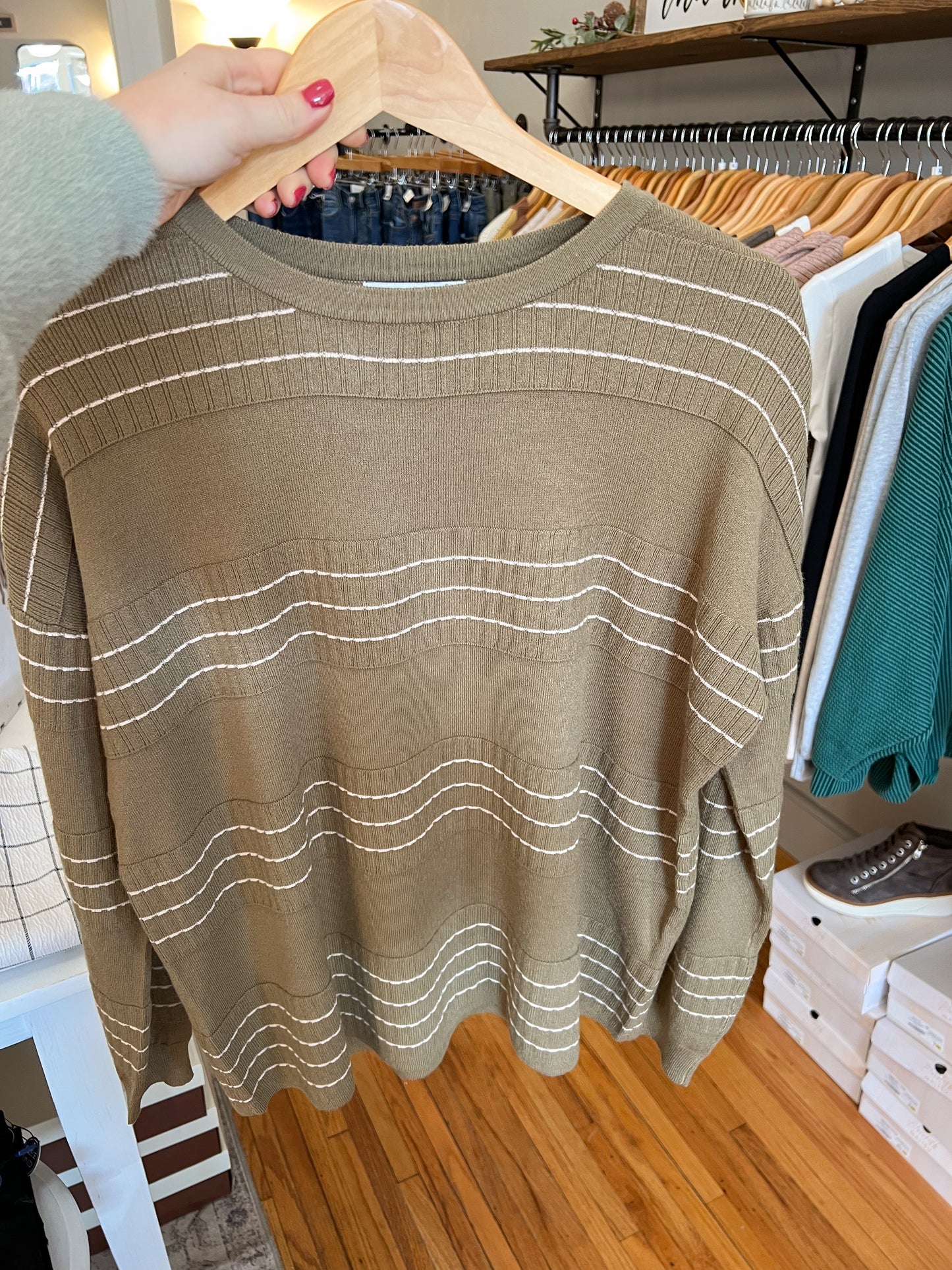 Stitch Striped Crewneck Top - Olive