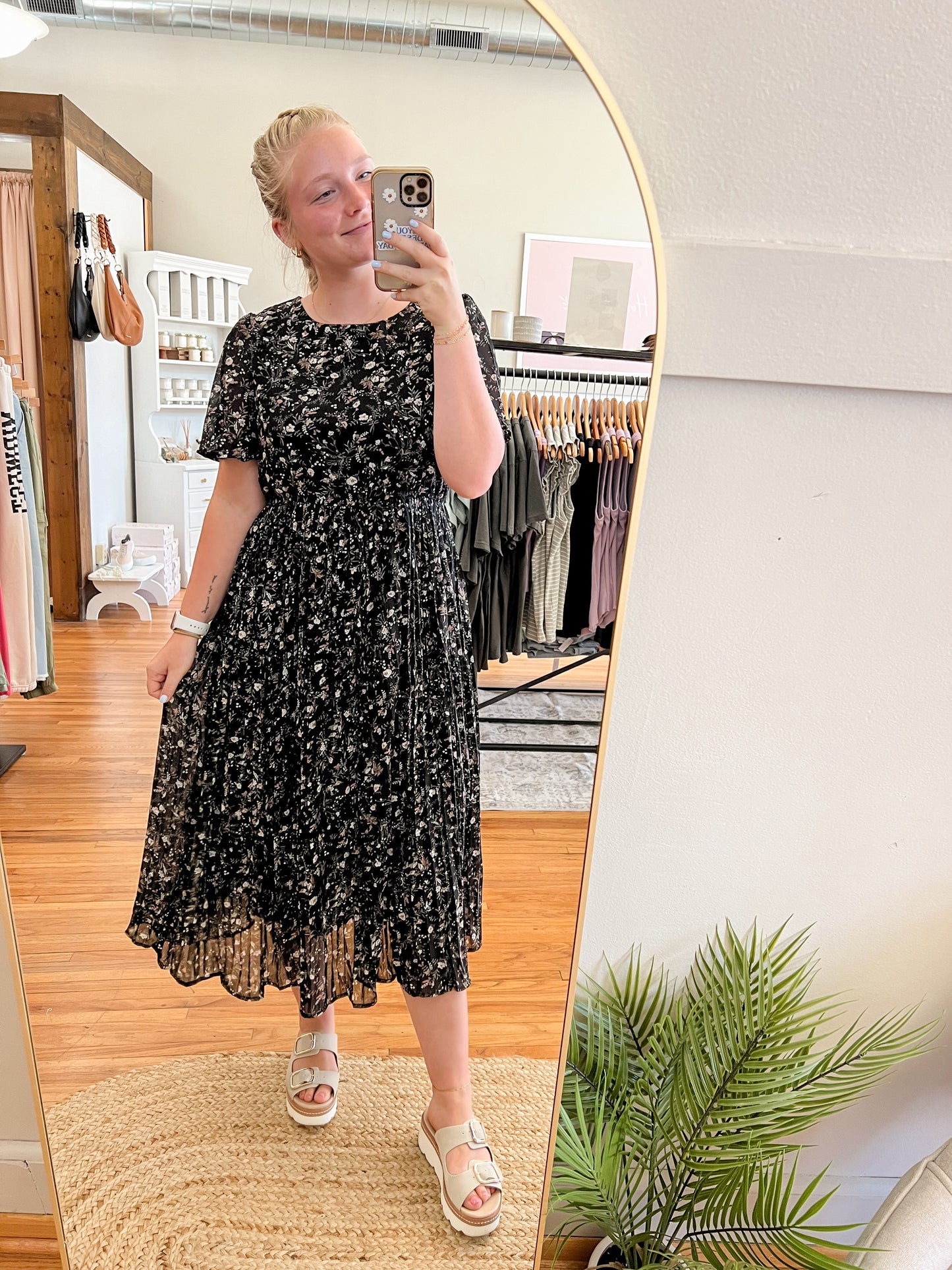 Pleated Floral Midi Dress - Black