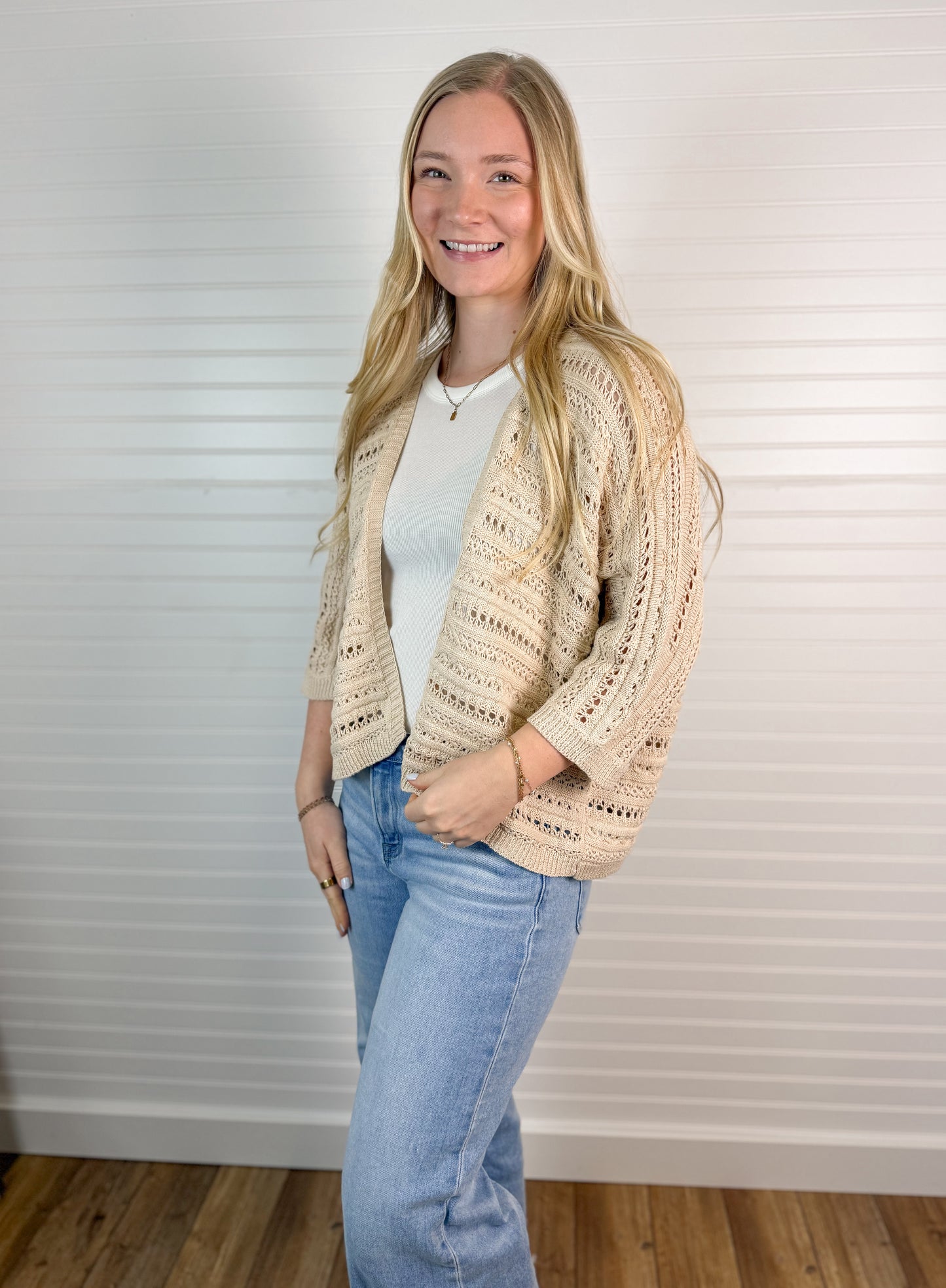 Crochet Dolman Open Front Cardigan - Taupe