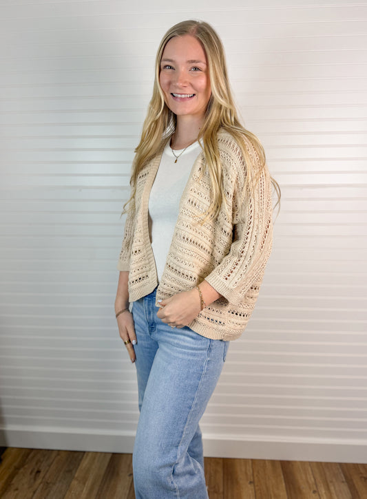 Crochet Dolman Open Front Cardigan - Taupe