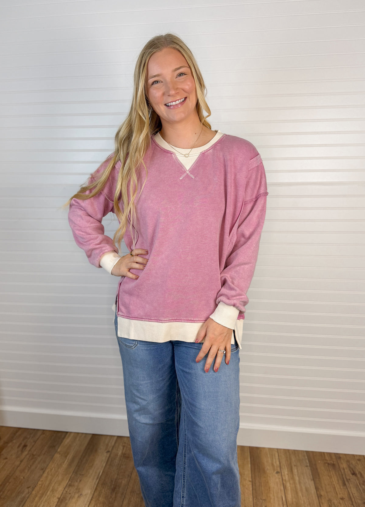 Fleece Acid Washed Contrast Pullover - Rose
