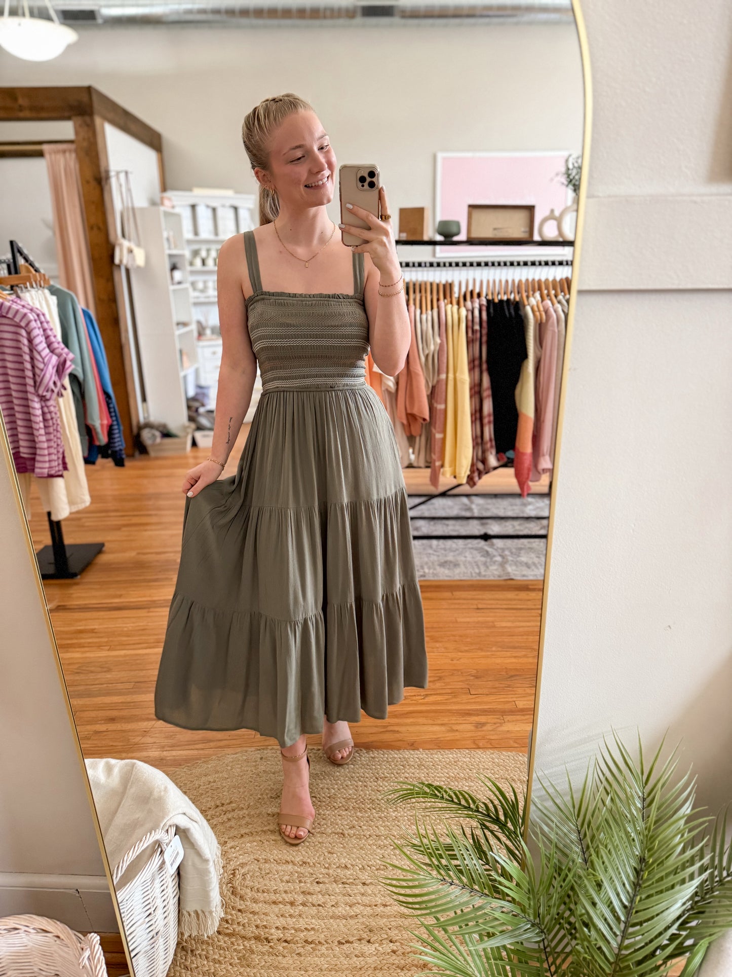 Smocked Tiered Midi Dress - Olive