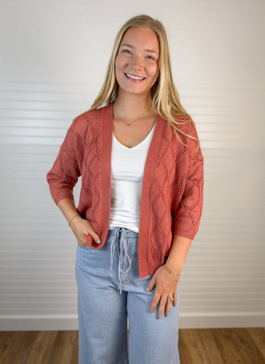 Pointelle Knit Cardigan - Terracotta