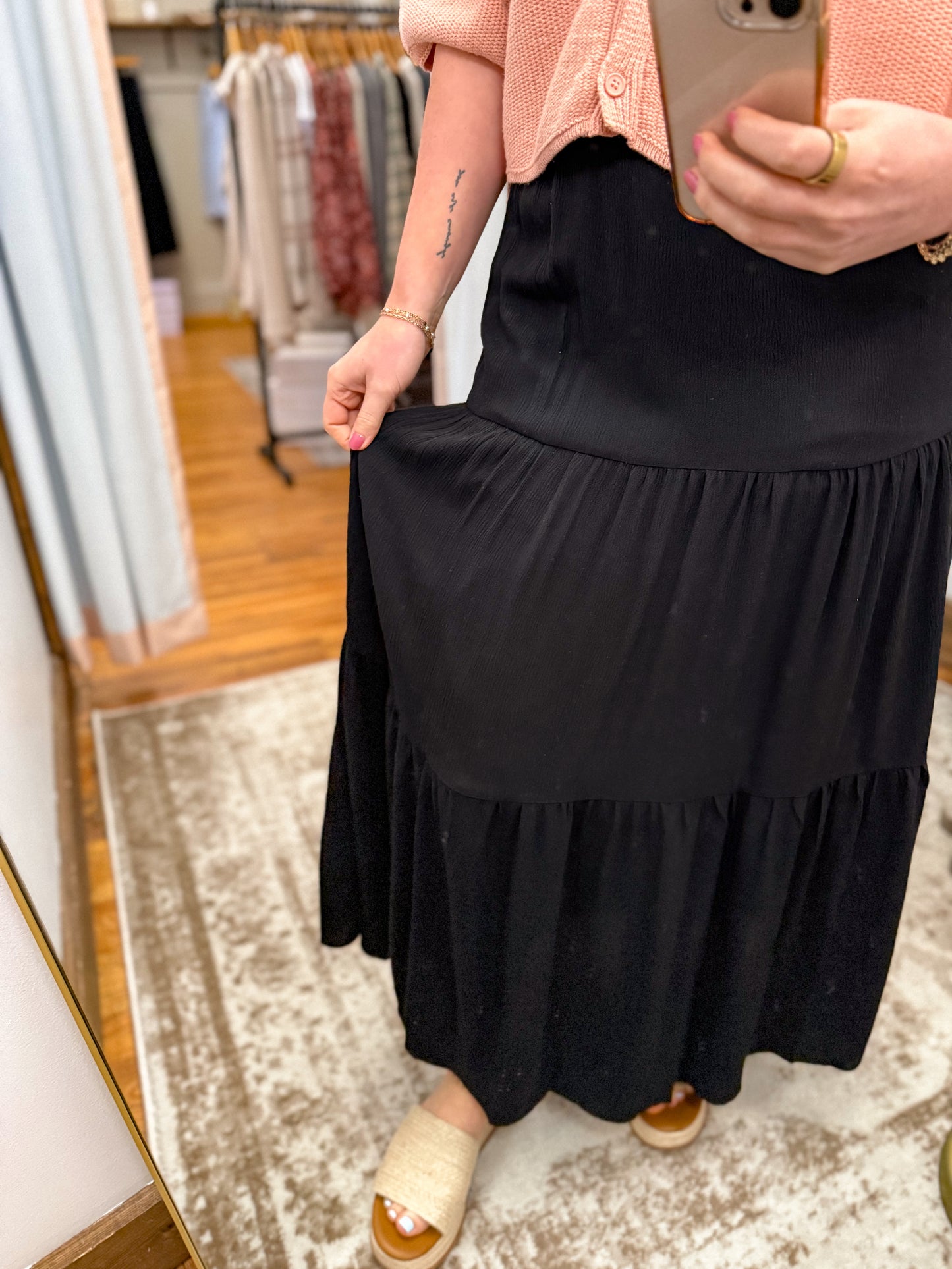 Smocked Waist Tiered Skirt - Black