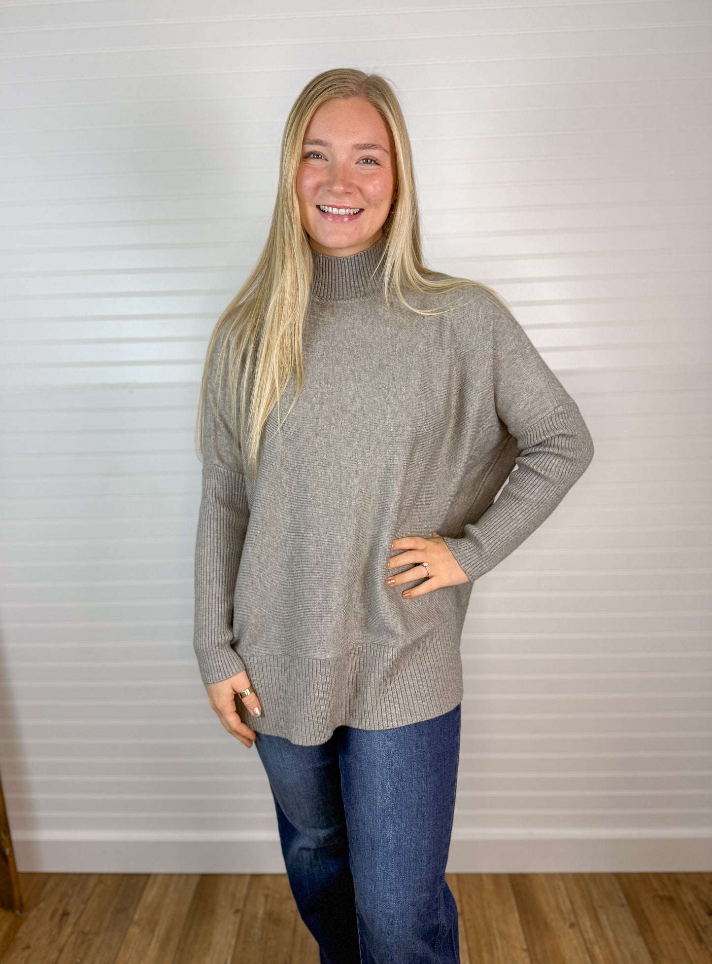 Oversized Mock Neck Side Slit Sweater - Grey