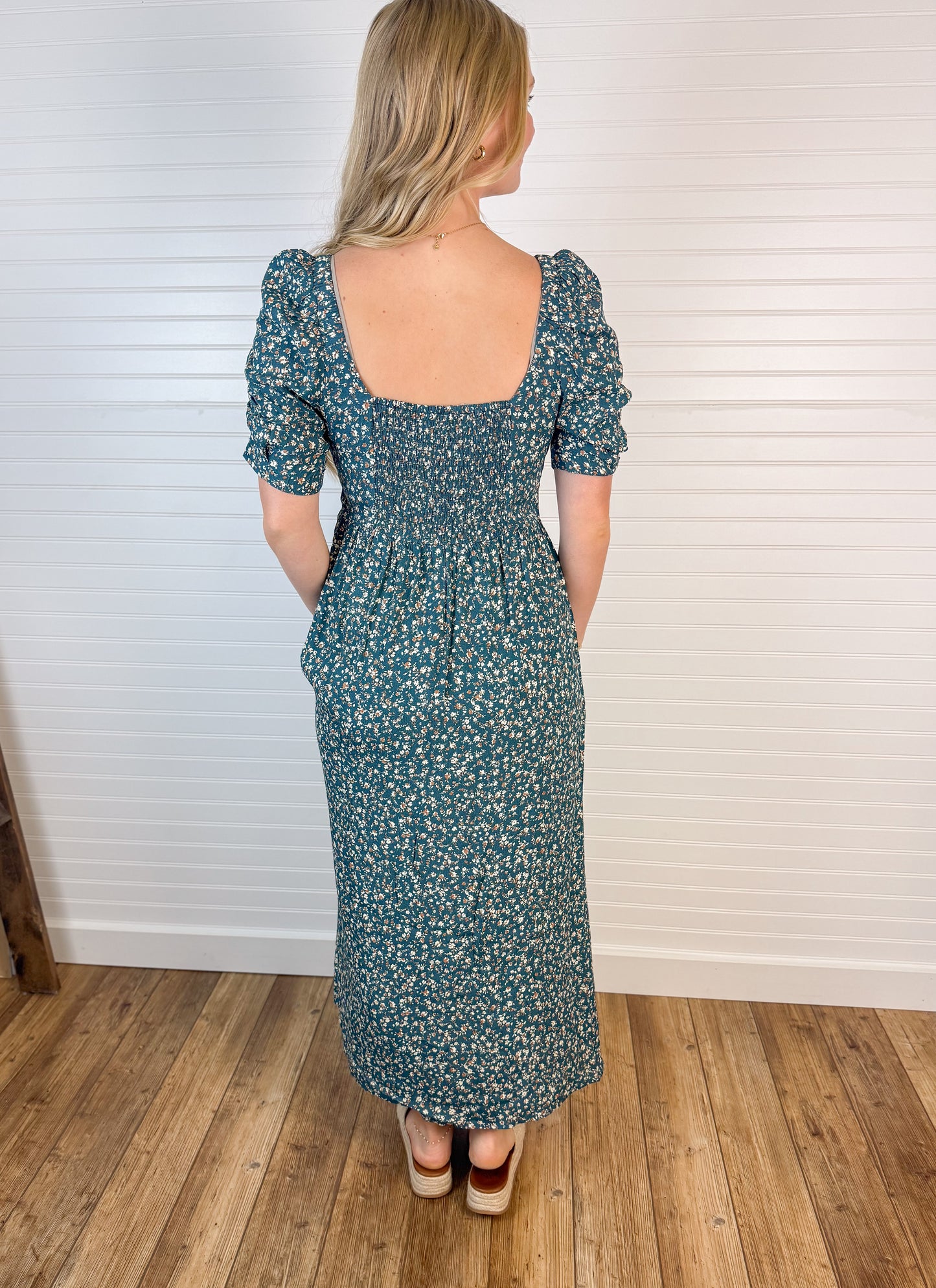Ruched Chest Ditsy Midi Dress - Teal