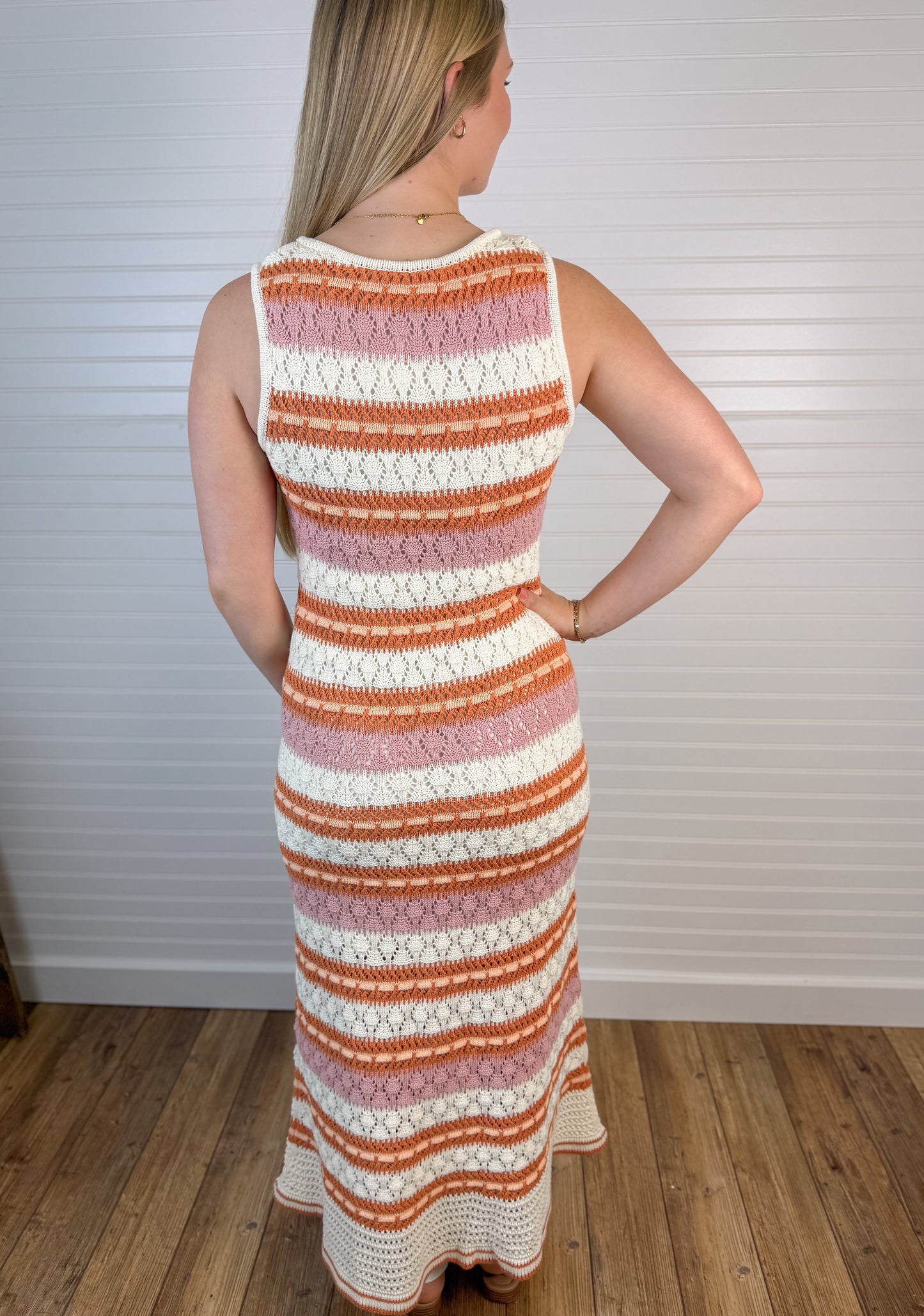 Crochet Striped Sweater Midi Dress - Orange/Pink