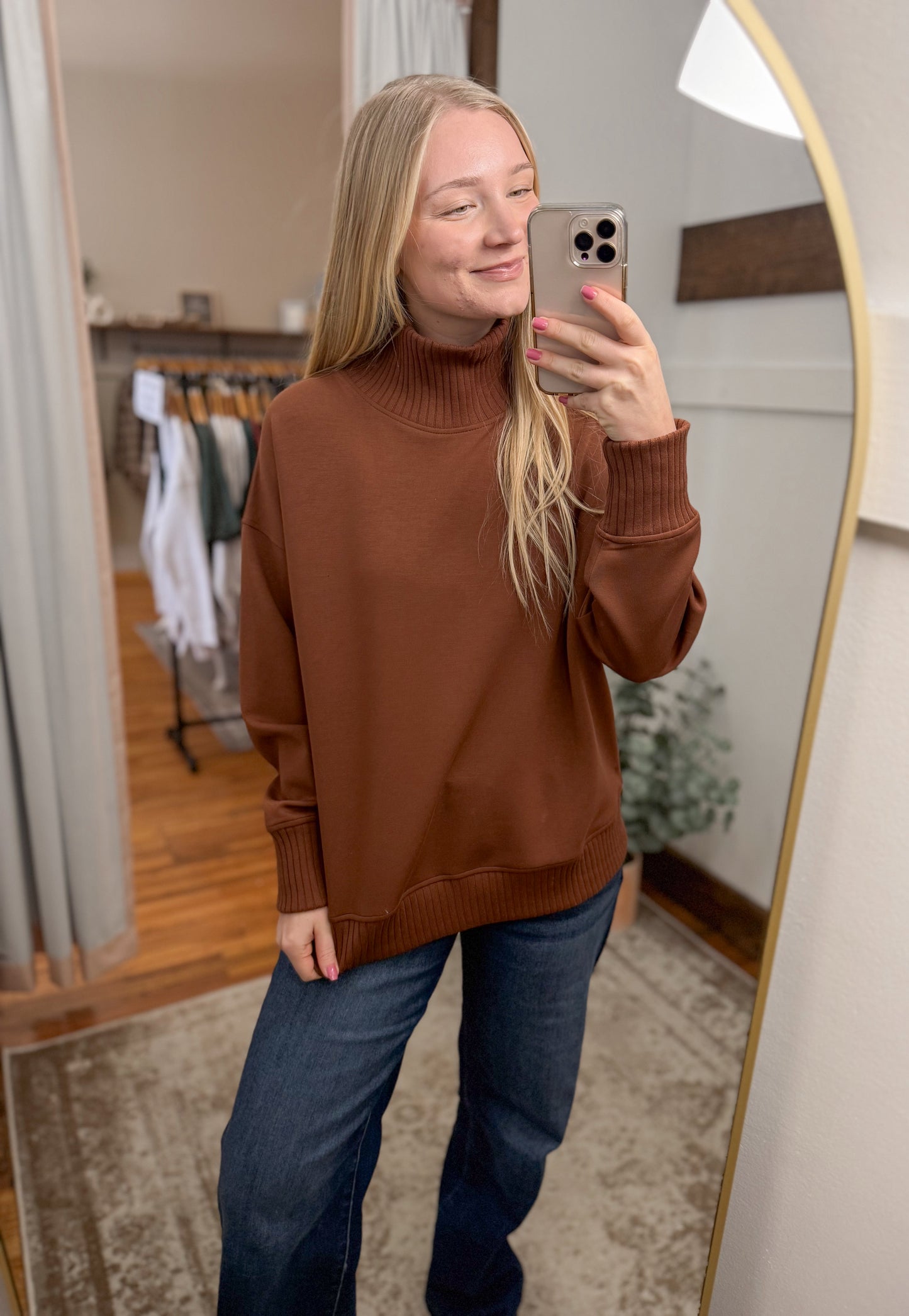 Modal Scuba Ribbed Mock Neck Pullover - Chestnut