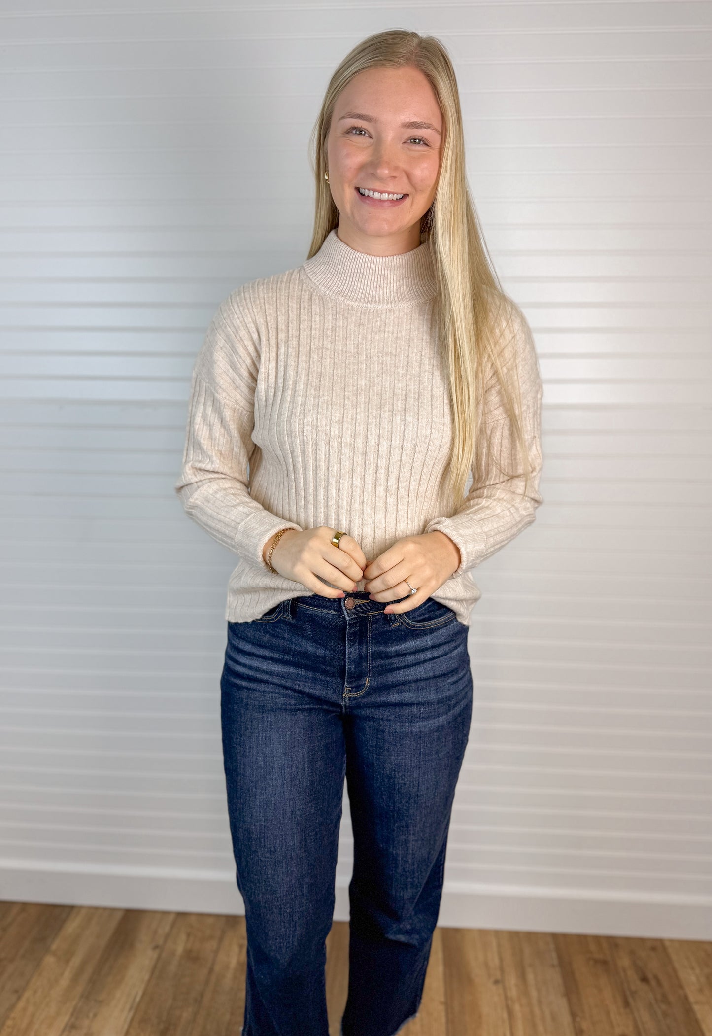 Soft Chunky Ribbed Mock Neck Sweater - Oatmeal