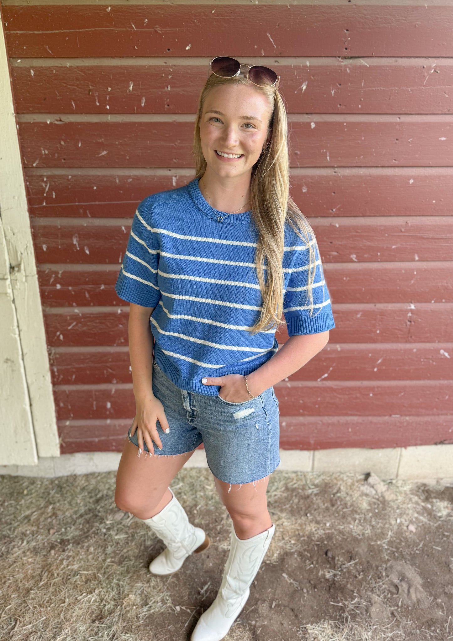 Essential Raglan Striped Sweater Top - Blue