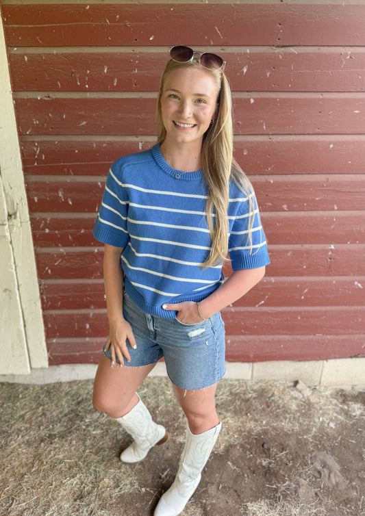 Essential Raglan Striped Sweater Top - Blue