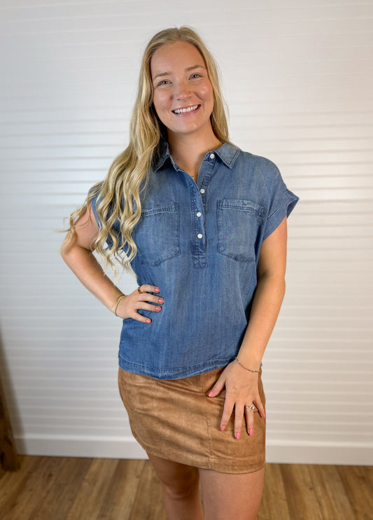 Tencel Collared Short Sleeve Top - Medium Wash