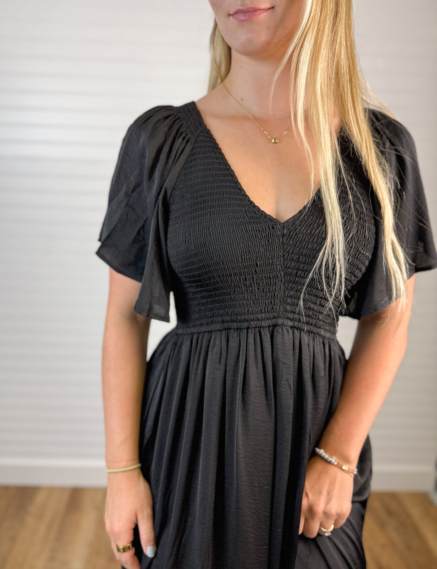 Smocked Waist Satin Midi Dress - Black