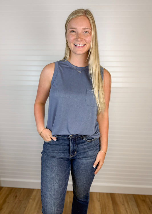 Chest Pocket Soft Tank - Blue