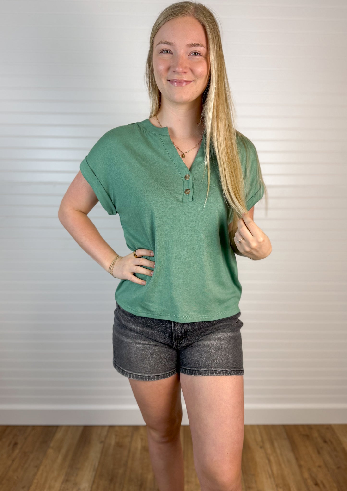 Henley Button Short Sleeve Top - Green